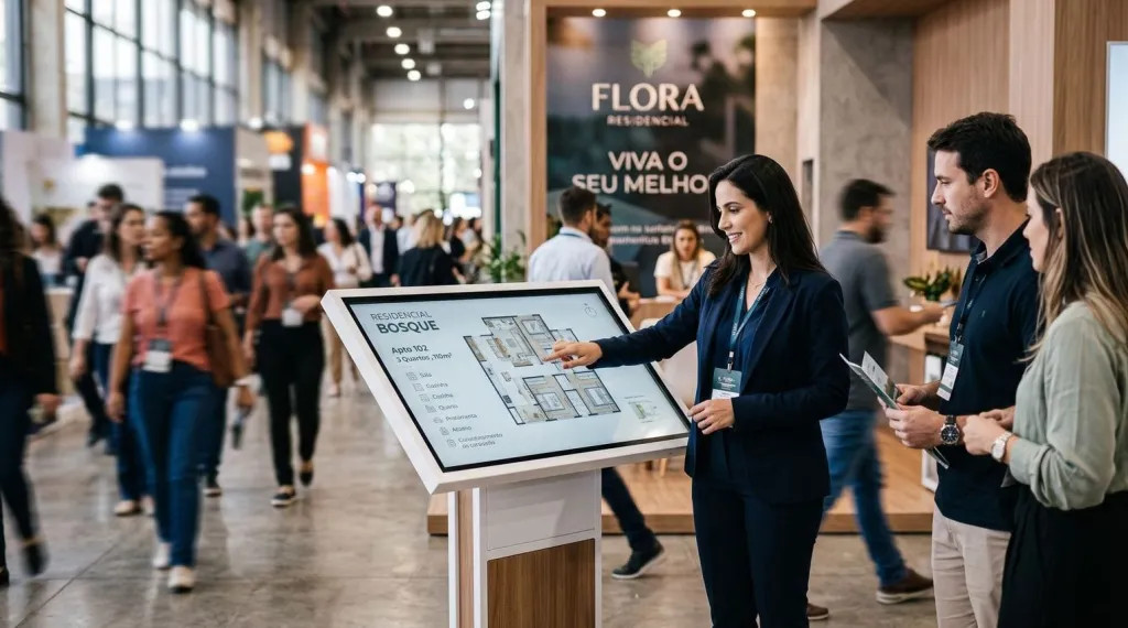 Corretora apresentando um empreendimento no totem durante uma feira